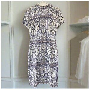 Anthropologie Dress Large Petite Blue Short Sleeve Midi Mock Neck Stretch Knit